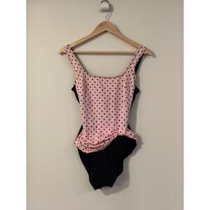 Vintage Robby Len One Piece Swimsuit Size 8 Pink Black Polka Dots Bathing Suit